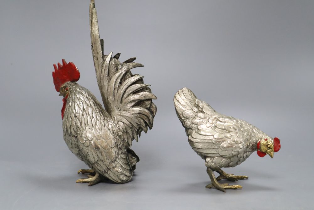 A pair of Japanese patinated metal chickens